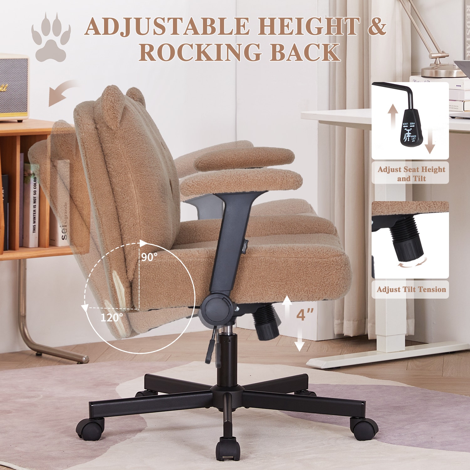 Sunchen Criss Cross Chair With Wheels And Arms, Cross Legged Office Chair With Wide Seat, Adjustable Cute Comfy Desk Chairs For Home Office, Bedroom, Vanity, Khaki_maomaolike.com